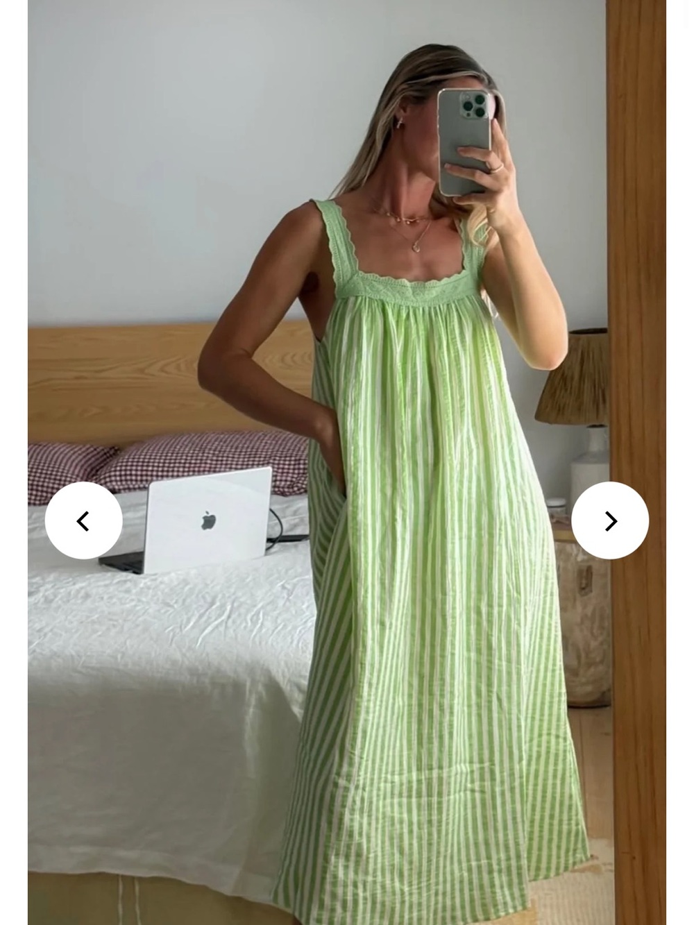 Alakai Ladies Juno Lace Neck Slip Dress Green Stripe